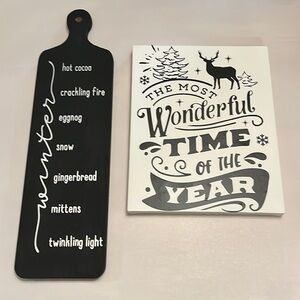 Set of one wooden and one canvas holiday sign